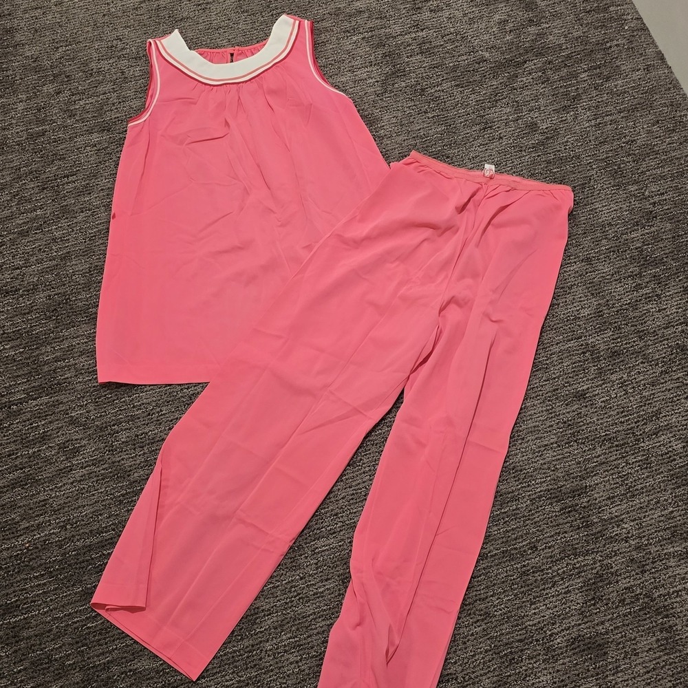 Vtg Lorraine Pink White Trim 2 Piece Pajama Set Nylon Silky Women's Size‎ 32 L